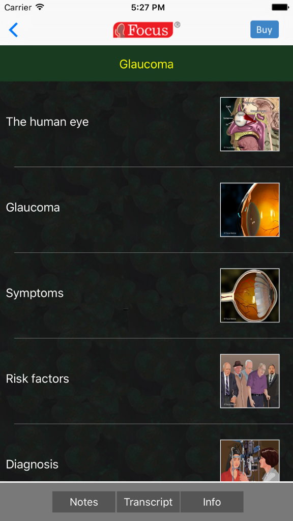A menu screen from the Ophthalmology app displaying educational topics for Glaucoma including symptoms and diagnosis.