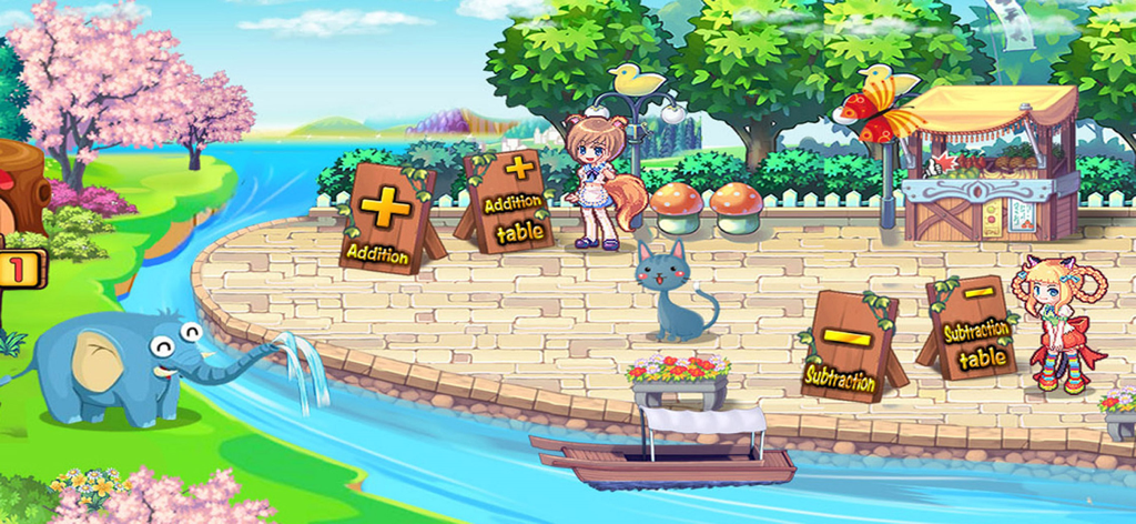 数学智慧岛 - 学数字加减法学习大全 - A colorful cartoon landscape menu in Math Wisdom Island featuring addition and subtraction learning activities.