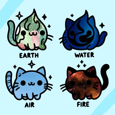 4 cats that represent the different elements, earth, water, air, and fire