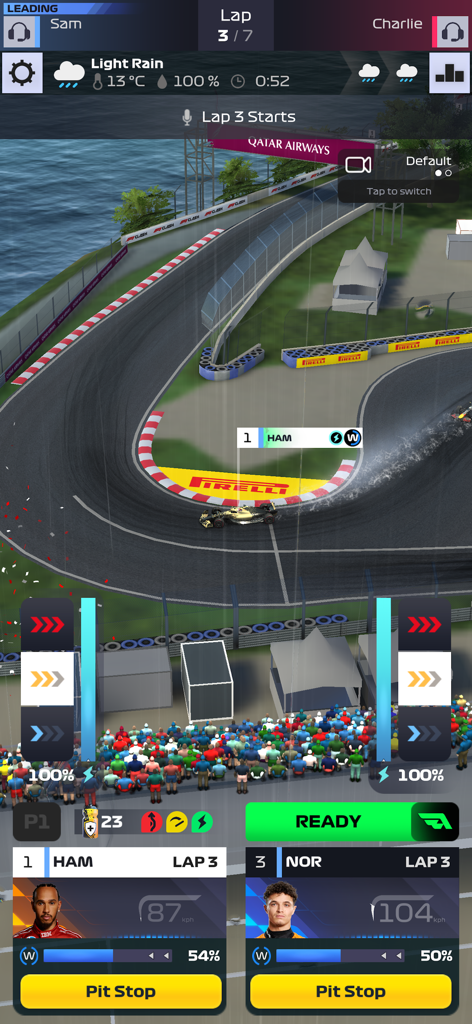 F1 Clash - Official 2025 Game - F1 Clash gameplay showing race management in rainy conditions with driver strategy options