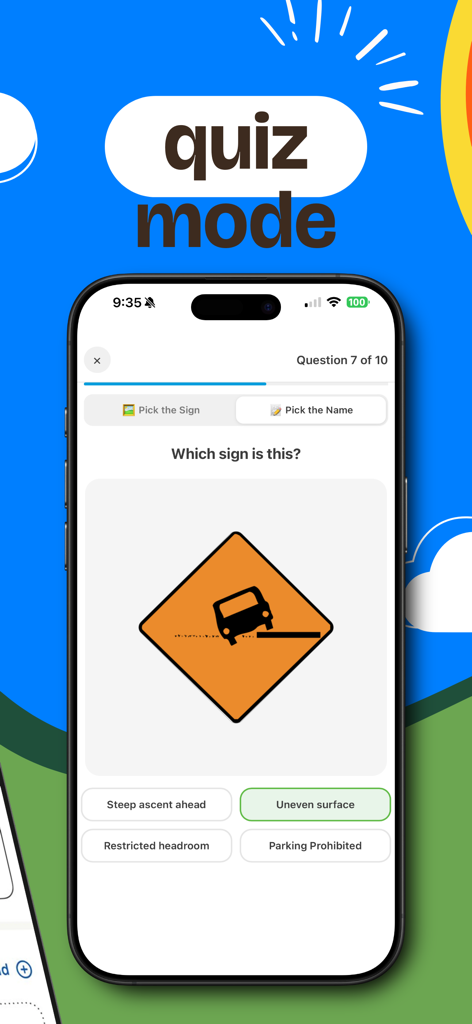 A smartphone displaying a multiple choice quiz about Irish road signs with the uneven surface sign correctly identified