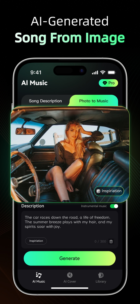 Oyamuse - AI Music Creator - Oyamuse mobile app screen showing the photo to music generation feature