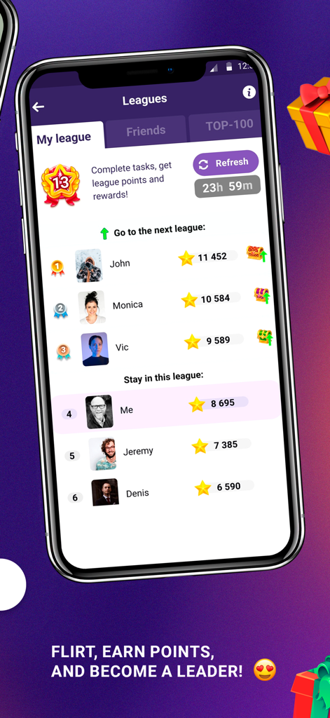 Kiss me: Kissing Games Bottle - League leaderboard showing rankings and points in the Kiss Me app