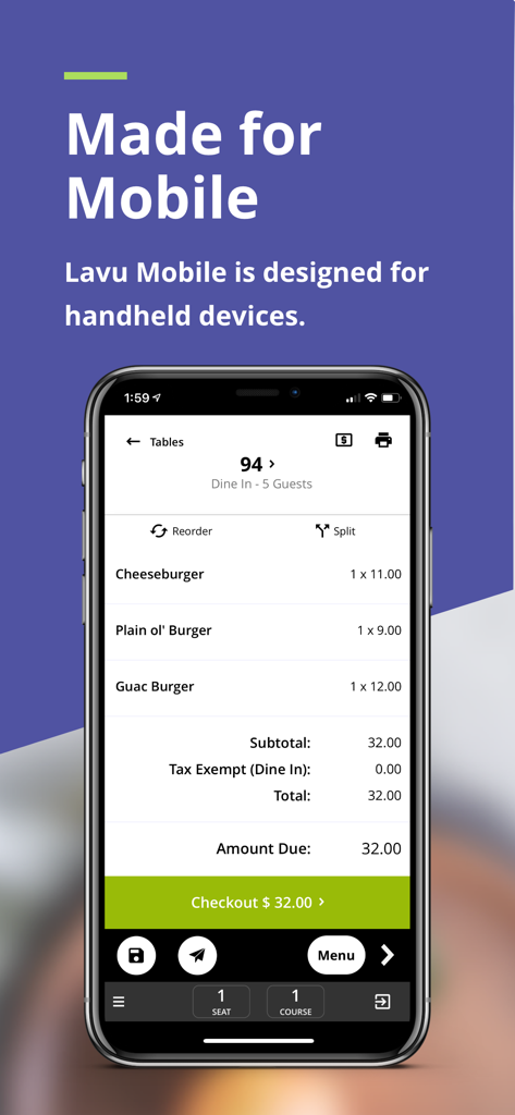 Lavu POS mobile app interface displaying a restaurant order summary and checkout button