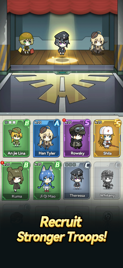 Tank Pack Attack - Écran de recrutement de personnages de Tank Pack Attack montrant des troupes militaires de style anime et des cartes de personnages.