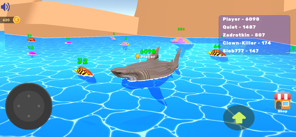 Un gran tiburón caza peces pequeños y coloridos en la interfaz de la aplicación móvil Fish it Game.