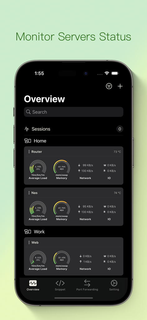 ShellBeanアプリのダッシュボード。複数のサーバーのCPU、メモリ、ネットワークの使用状況をリアルタイムで表示しています。