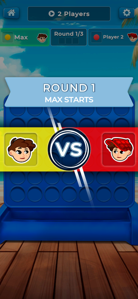 Four in a Row - 2 Player Games - Pantalla de inicio de una partida local para 2 jugadores en Cuatro en Línea, mostrando avatares de jugadores e información de la ronda.