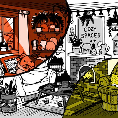 cozy spaces%3a coloring book for adults and teens featuring relaxing familiar corners with cute animal characters for stress relief
