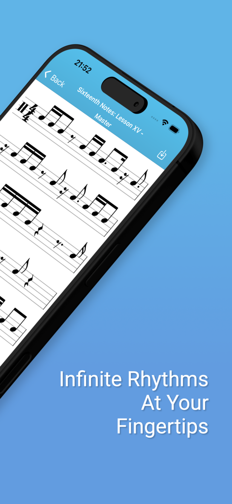 Smartphone que muestra una partitura de semicorcheas en la aplicación de entrenamiento rítmico Coryvo con el texto Ritmos Infinitos a tu Alcance