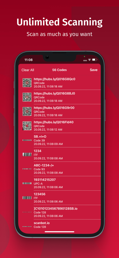 A list of various scanned barcodes and QR codes in the Scanbot SDK app interface showing types and timestamps
