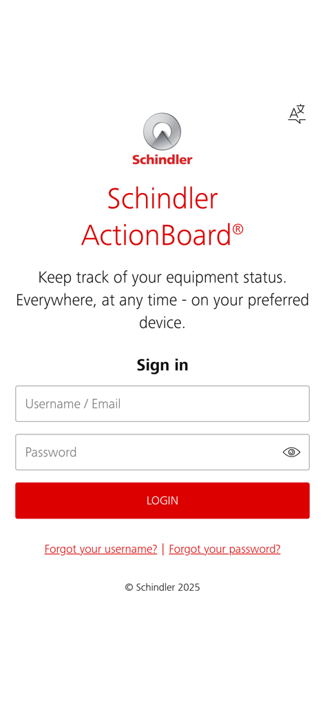 Schindler ActionBoard - Schindler ActionBoard app login screen with fields for username and password to manage building equipment