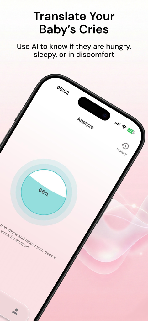 BabyNena: AI Baby Care - Pantalla de la aplicación BabyNena que muestra la interfaz del traductor de llanto con IA con un indicador de progreso