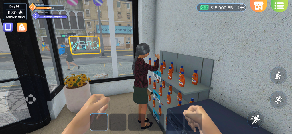 First person view of a player managing a retail shelf stocked with laundry detergent in Laundry Store Simulator