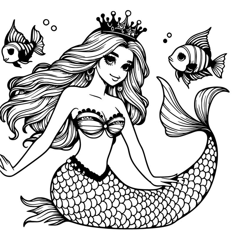 realistic mermaid with crown and fish