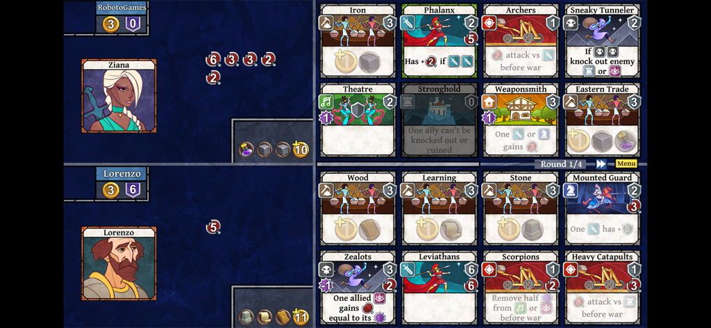 Age of Rivals - Gameplay screen of Age of Rivals strategy card game showing a match between two players.