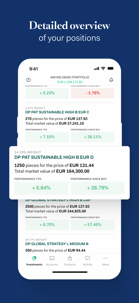 Eine detaillierte mobile Ansicht eines Anlageportfolios, die verschiedene Fondspositionen und deren Performance-Kennzahlen in der My Degroof Petercam App zeigt.