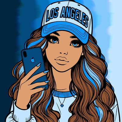 realistic beautiful girl wearing los ángeles cap holding an iphone