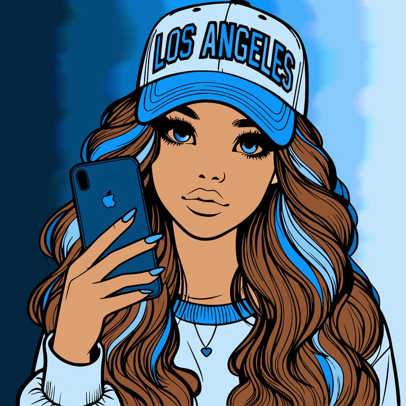 realistic beautiful girl wearing los ángeles cap holding an iphone