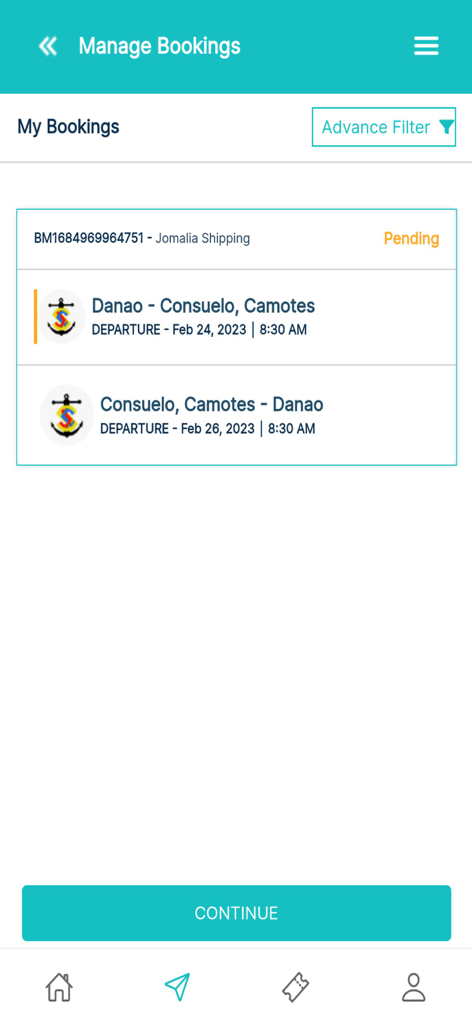 BARKOTA Ticket Booking - Barkota mobile app interface showing a pending ferry ticket booking and travel itinerary