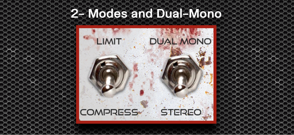 L2 Aura - Leveling Amplifier - Close-up of vintage-style toggle switches for compression modes and dual-mono settings in the L2 Aura app interface