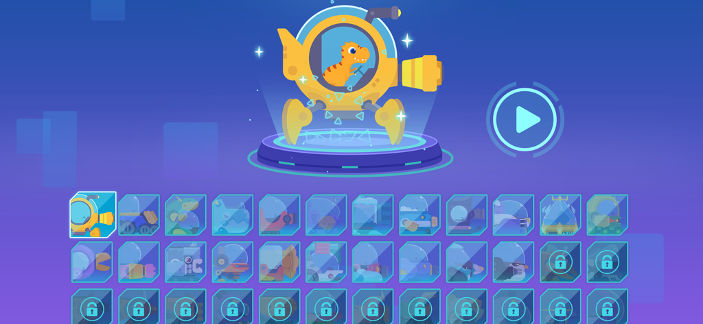 Dinosaur Chinese: Learn & Play - A dinosaur in a yellow mecha suit on a character selection screen with various unlockable robot icons.