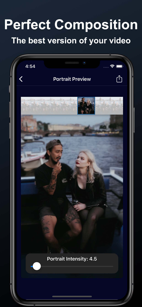 Portrait Video - Blurry Effect - Portrait video app interface showing cinematic blur effect and intensity slider
