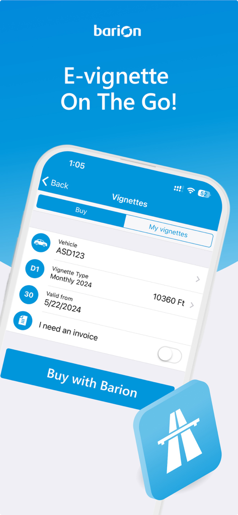 Barion - Barion app interface for purchasing a highway e-vignette with vehicle and payment details
