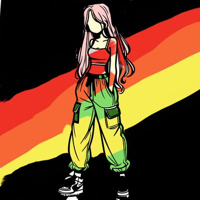girl in baggy pants crop top and long hair