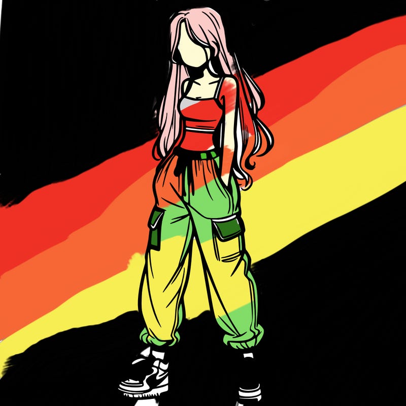 girl in baggy pants crop top and long hair