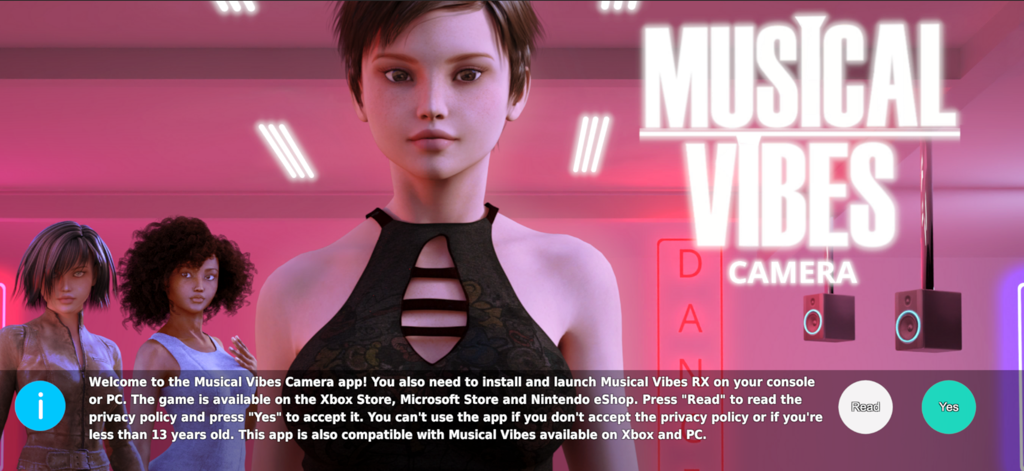 Musical Vibes Camera - Musical Vibes Camera welcome screen with 3D avatars in a neon dance studio