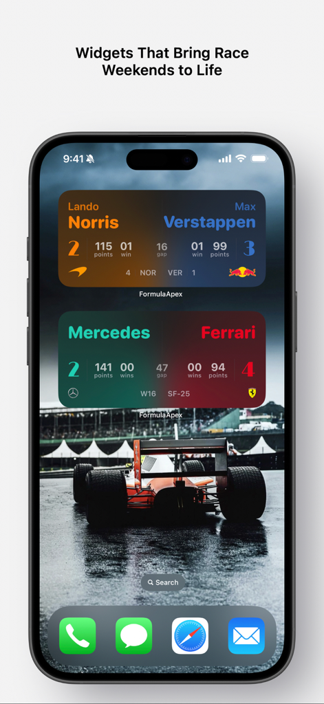 드라이버 및 팀 헤드투헤드 통계가 있는 Formula Apex F1 위젯을 표시하는 iPhone 홈 화면입니다.