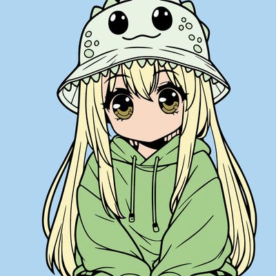 girl with anime shaped eyes with a dinosaur bucket hat oversized sweatshirt long straight hair