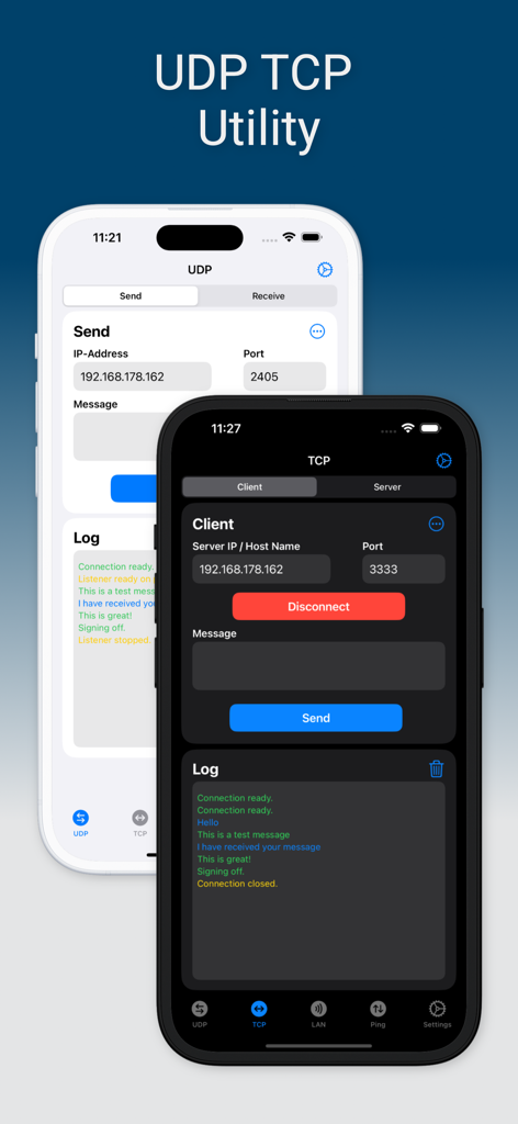 Pantallas de interfaz de comunicación UDP y TCP que muestran registros de conexión de cliente y servidor