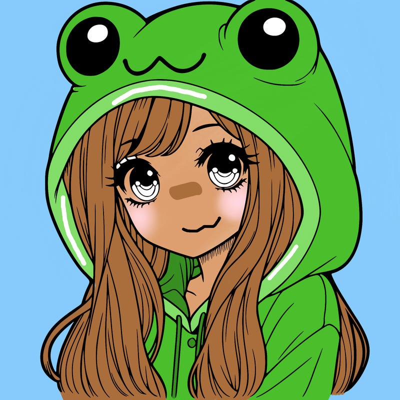 a pretty girl wearing a frog hoodie portrait with long hair