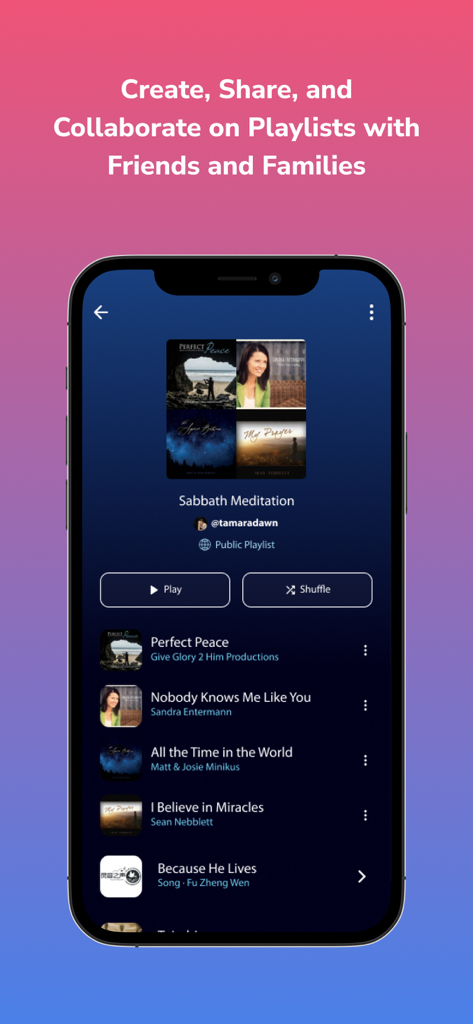 MusicVerse - MusicVerse app interface showing a Sabbath Meditation playlist with sacred music tracks and sharing options.