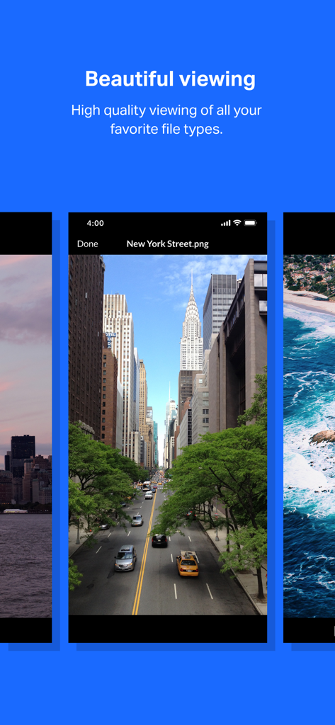 OpenText™ Core Share - Interface do aplicativo OpenText Core Share exibindo uma prévia de foto de alta qualidade de uma rua de Nova York