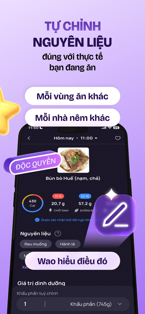 Wao - Food & Calorie Counter - Wao app screen showing calorie counting and ingredient adjustment for Vietnamese Bun Bo Hue.