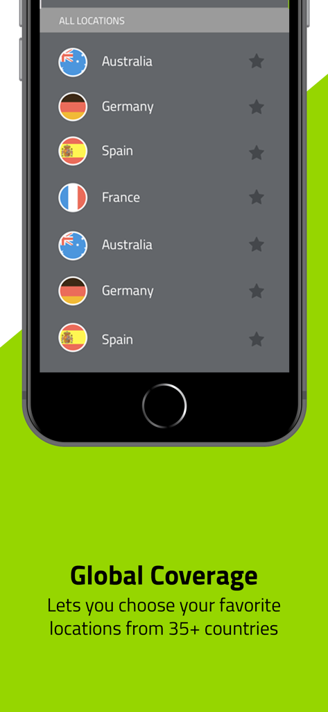 Smartphone screen displaying a list of VPN server locations including Australia, Germany, and Spain with a Global Coverage header.