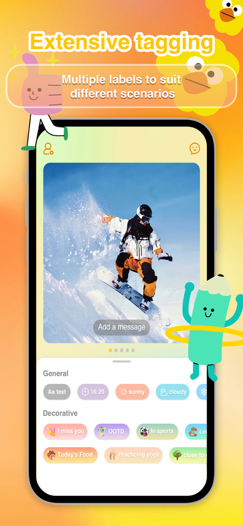 Photo Widget app interface showing various descriptive tags for sharing live photos with friends