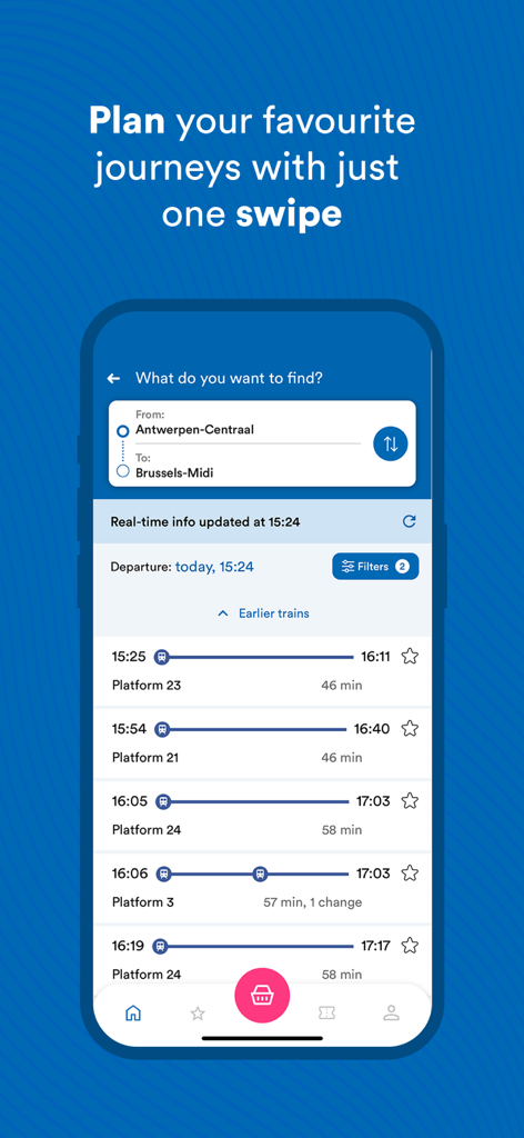 Schermata dell'app mobile SNCB per la pianificazione di viaggi in treno con orario in tempo reale e informazioni sul binario