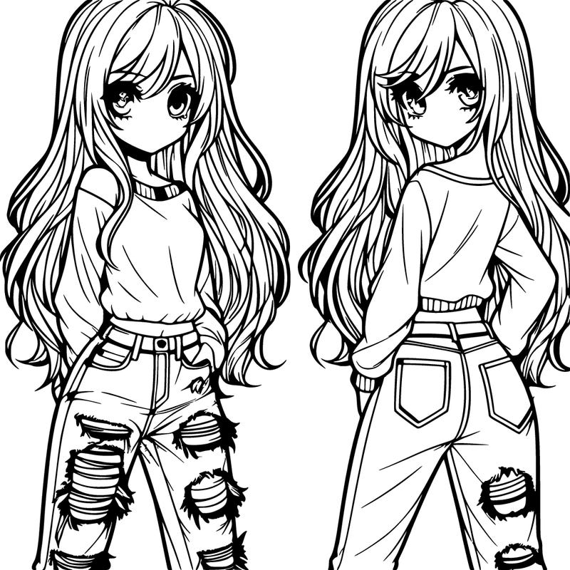 realistic girl with ripped pants long hair