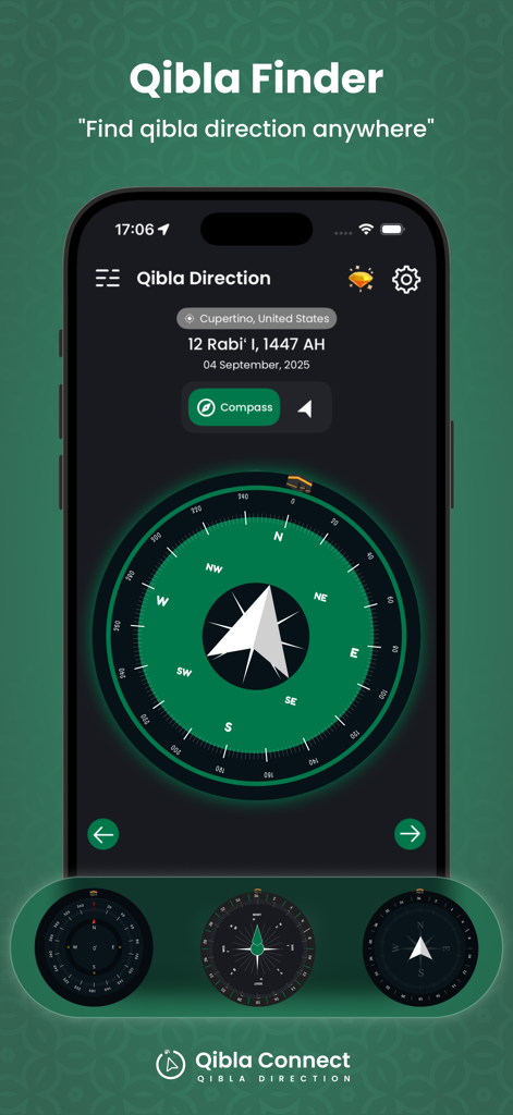 Qibla Connect® - Salah Times - Qibla Finder compass showing the direction of the Kaaba