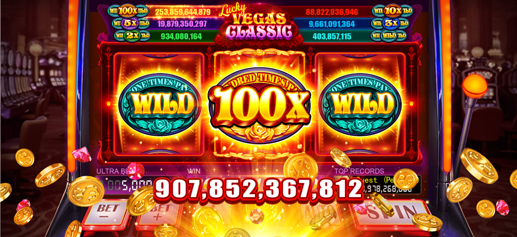 A classic slot machine interface displaying a massive jackpot win with a 100x multiplier and gold coins.