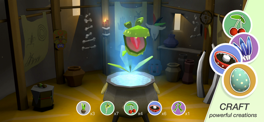 Godus - Un écran de création low-poly dans Godus présentant un chaudron lumineux et diverses icônes d'ingrédients pour réaliser de puissantes créations.