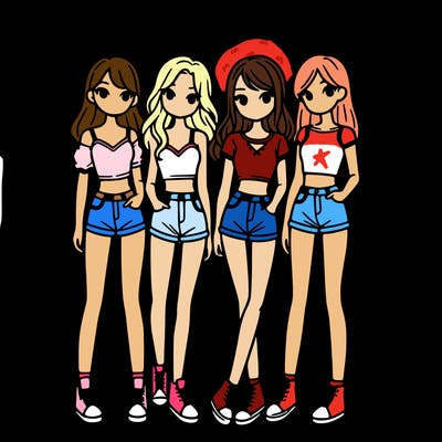 a group of girls wearing crop tops and shorts