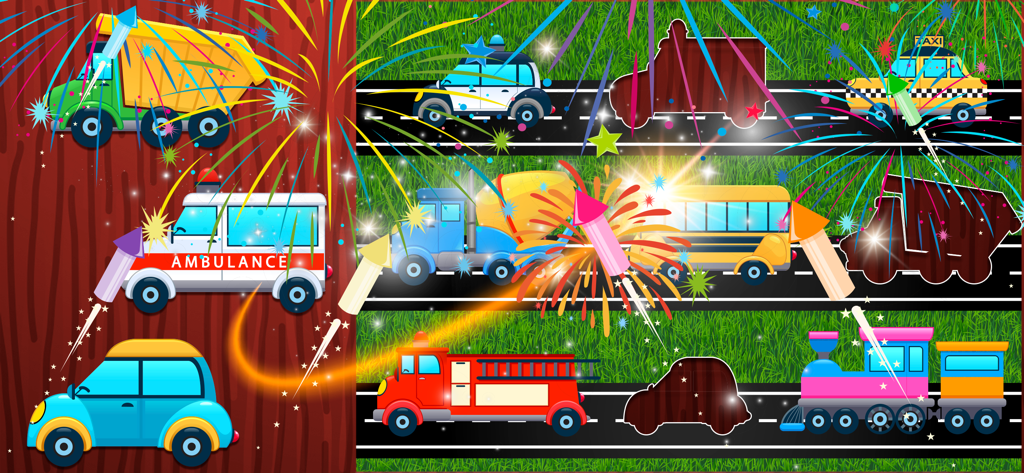 Fun Baby Puzzle Kindergarten - Preschool transportation puzzle game screen with colorful cartoon vehicles