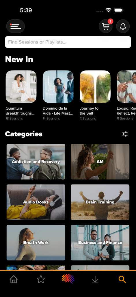 BrainTap app home screen showing various brain fitness and wellness session categories