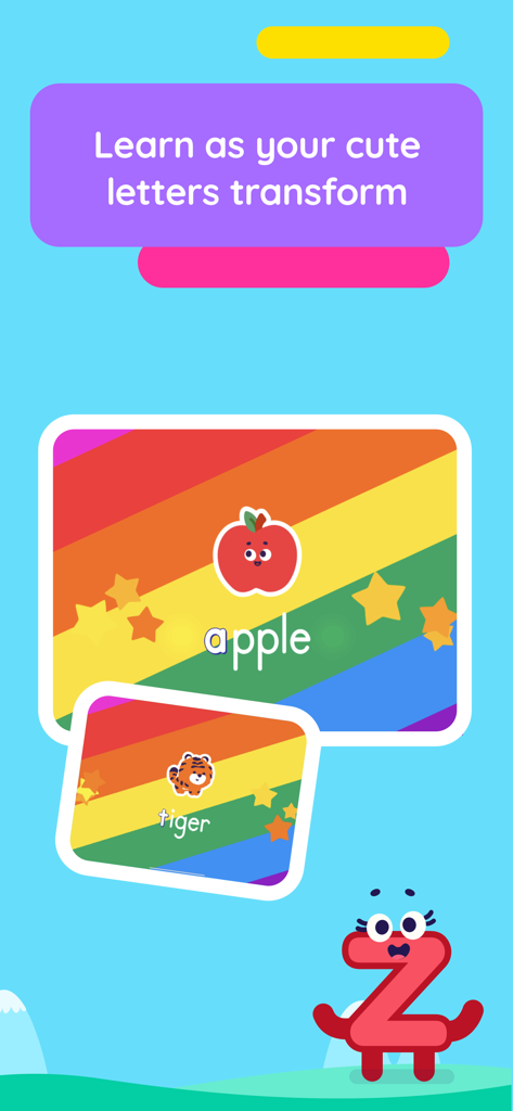 Alphabet letters transforming into an apple and a tiger in an educational kids game