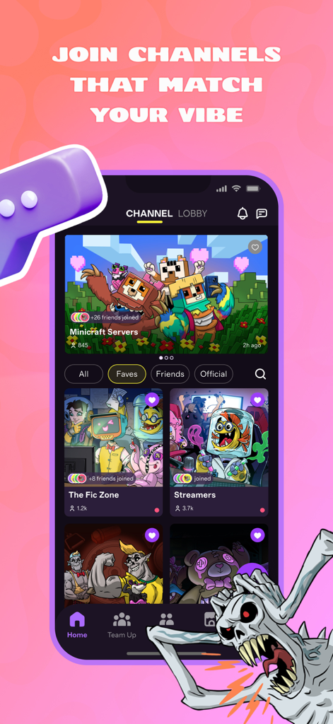 Interfaz de la app DUBS que muestra canales de juegos como Minecraft y Streamers para encontrar nuevos amigos